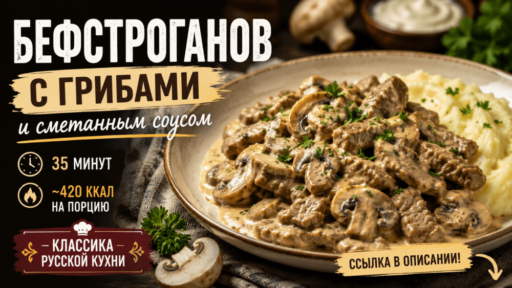Бефстроганов с грибами и сметанным соусом на сковороде с нежной говядиной и шампиньонами