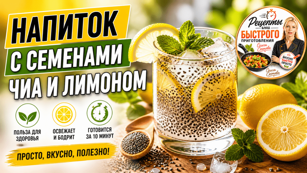 Холодный цитрусовый напиток с чиа и кусочками лимона в стакане