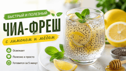 Напиток с семенами чиа и лимоном в стеклянном стакане с дольками цитруса